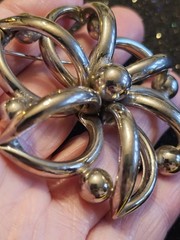 Vintage Modernist Silver Toned Flower Brooch, Heavy