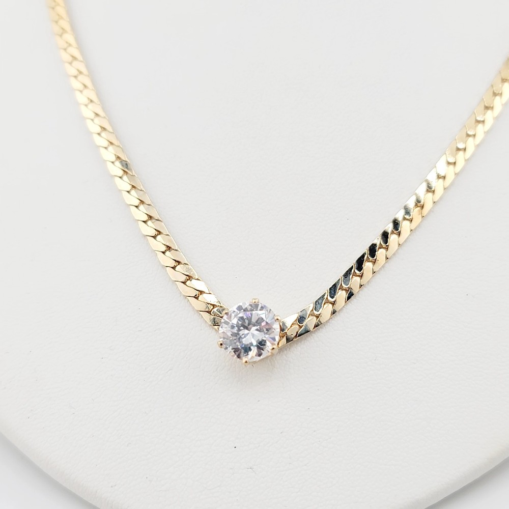 Vtg V Necklace Cubic Zirconia Herringbone 18″ Chain Jewelry 2.5mm Round