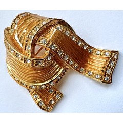 Vintage JBK Camrose & Kross Ribbon Bow Knot Brooch Amber Enamel Crystal Pin