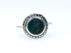835 Silver – Antique Art Nouveau Ring/Seal / Engraving – Heliotrope U.Markasite