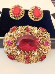 West Germany Gold Filigree Enamel Ruby Red & Pink Rhinestone Brooch & Earrings