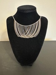 Vintage SAQ Signed Multi-Color Multi-Strand Fringe Bib Chain Necklace 17-20″.