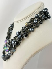 Vintage Crown Trifari 3 Strand Gray Black Iridescent Irregular Beaded Necklace