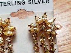 VINTAGE * STERLING SILVER (925) * EARRINGS 1″- GOLD PLATE on SILVER, CITRINE