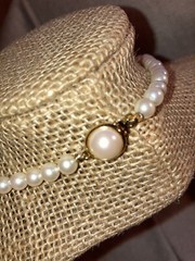 Carol Lee Knotted Single Strand Faux Pearl Clasp Necklace Gold Tone Signed