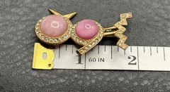 Vintage Pink Jelly Belly Moon Glow Bird Brooch Pin Gold Tone Rhinestone