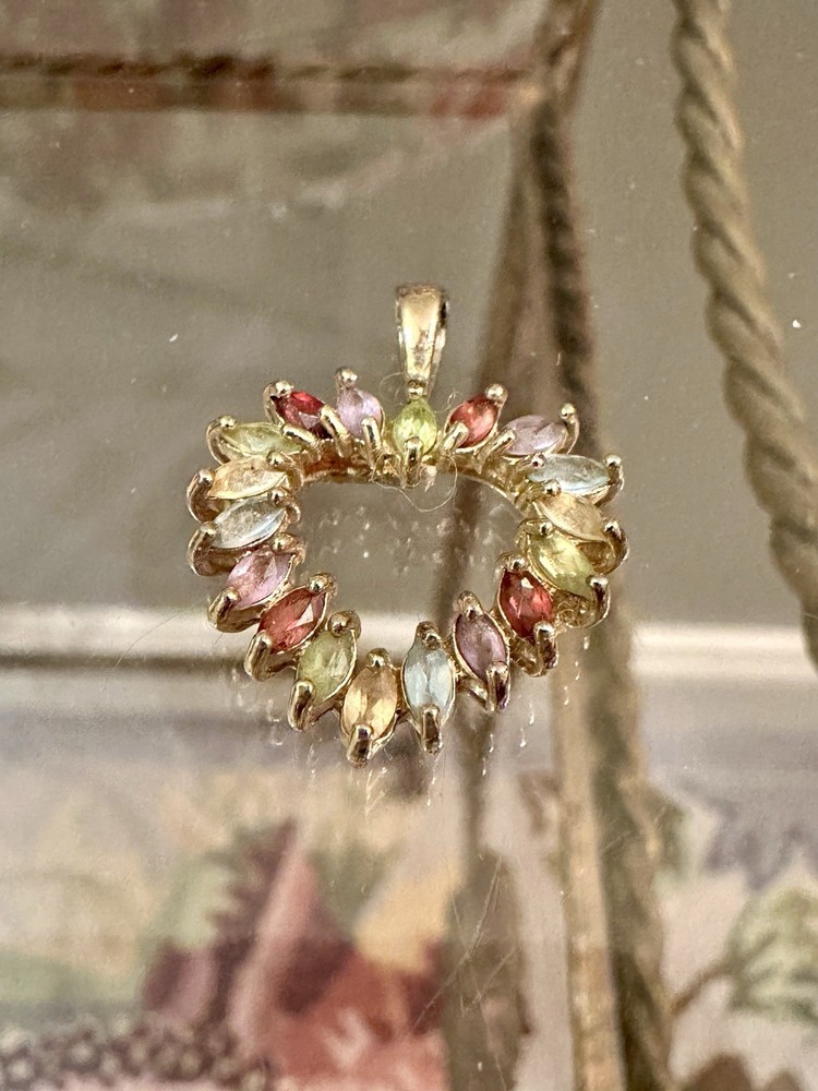 Vintage Gold Plate 925 Sterling Silver Prong Set Multi Color CZ Heart Pendant