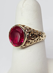 Beautiful 13.9-14k Gold Filigree Style Pierced 4.00ct. Lab Ruby Ring Sz 9.5
