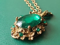 Vintage Jewelry, Green Stones and Chain Pendant, Antique Jewelry, Made in USSR