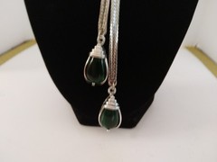 Selro Lariat Necklace Emerald Green Lucite Pendants Czech Glass Rhinestone 1960s