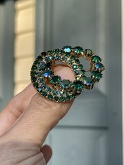 Vintage AB Green Blue Crystals Rhinestones Brooch 2 Circles Wreaths