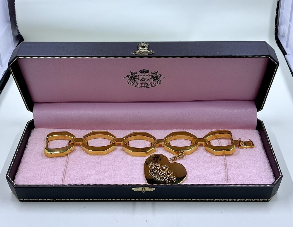 RARE Vintage Juicy Couture Large Link Crystal Crown Heart Charm Bracelet W/ Box