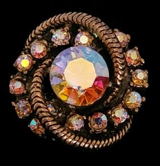 Vintage Aurora Borealis AB Rhinestone Prong Set Swirl Button Brooch Gold Tone
