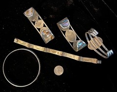 5 pc Vintage 60s 70s Alpaca Silver Mexico Abalone Cuff Bangle Panel Bracelet Lot