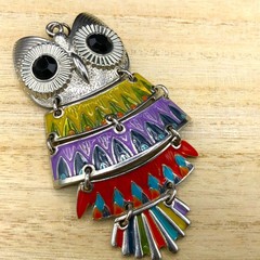 Vintage Owl Pendant Articulated Multicolor Enamel Black Crystal Eye Southwestern