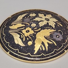 Vintage Damascene Pendant Flowers Birds Round Domed Black Gold Tone 2″