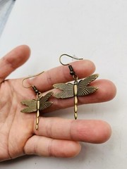 Vintage Style Antiqued Bronze Tone Art Nouveau Dragonfly Elegant Hook Earrings