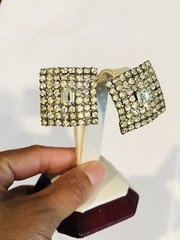 Vtg WEISS Sparkling Clear Rhinestones Square Shape Earrings & Necklace 15” Set
