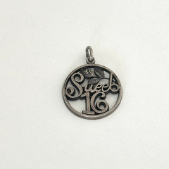 Vintage 925 Sterling Silver Sweet 16 Birthday Rose Flower Round Charm Pendant