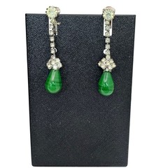 Vintage Signed Kramer Green Faux Jade Teardrop Necklace Earrings Set Rhinestones