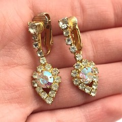 Vintage Clear & AB Rhinestone Gold Tone Sparkly Ladies Dangle Clip On Earrings