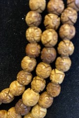 Antique Asian Hand Carved Lotus Bead Necklace Triple Tiered Dyed Bovine Bone