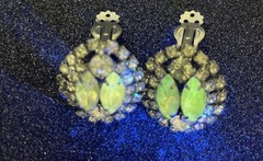Vtg Uranium Glass Clip On Earrings Marquise Shape w/ 2 Main Stones Uranium