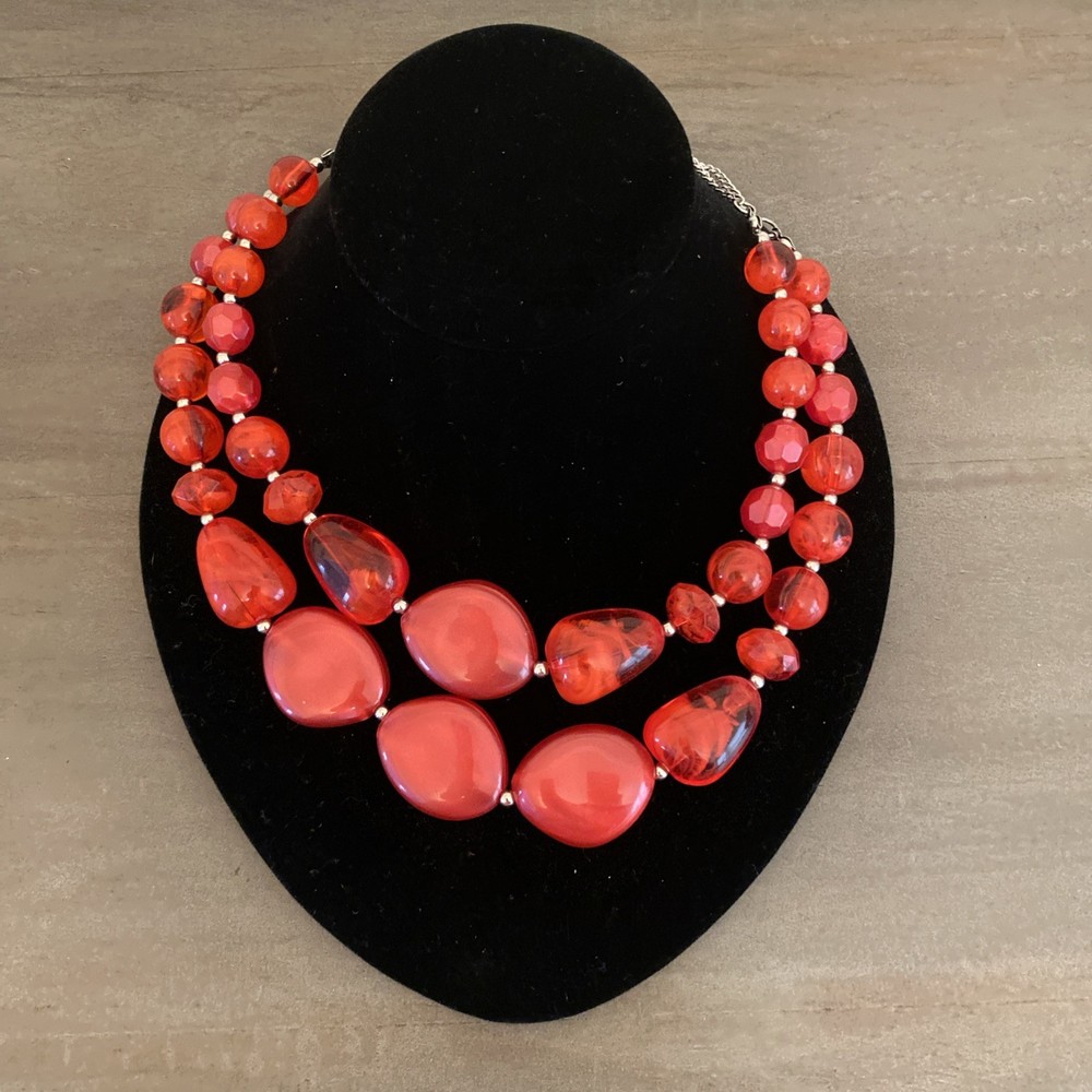 Vintage Necklace Red Chunky Silver Tone Beaded Statement Layered Chain Y2K Glam