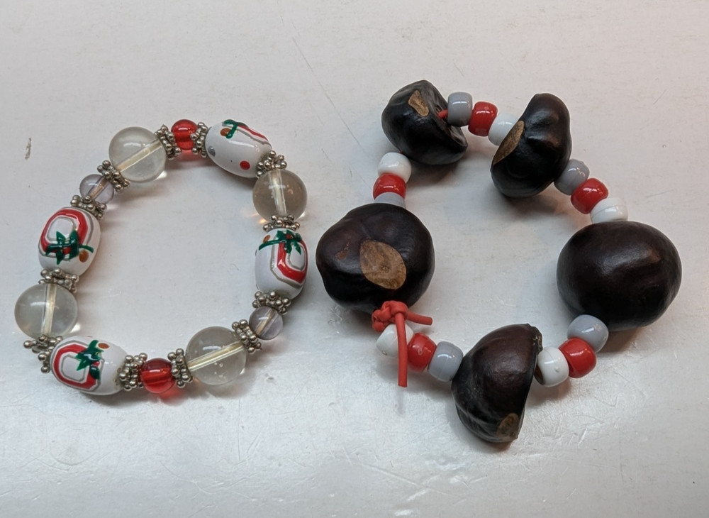 LOT OF 2 Beaded Art Glass Bracelet Clear Brown White Beads Elastic Stretchable