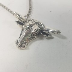 Vintage 90s Silver Tone Bull Head Horns Longhorn Repurposed Pendant Necklace