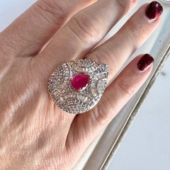 Vintage Pear Shape Ruby Cubic Zirconia Statement Ring Size 8 Glam Sparkly Party