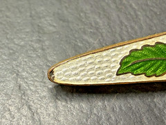 ANTIQUE BLUE WHITE GREEN GUILLOCHE FLORAL 2.5″ BAR BROOCH N389