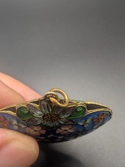 Vintage Puffy Cloisonne Enamel Floral Heart Pendant Double Sided Gold Tone