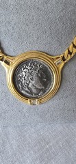 Vintage Replica Roman Coin Bezel Set In Goldtone Rhinestone Accents TAT Necklace