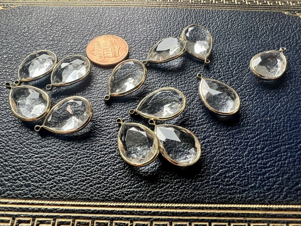 12 Vintage Gold Bezel Clear Plastic Gem Pendant Jewelry Making￼ 14 x 21mm