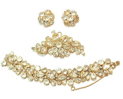 KRAMER NY Gold Tone Half Circle Clear Rhinestone Bracelet, Brooch & Earring Set