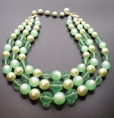 2 Pc Vtg Mint Green: CORO 3 Strand Necklace, LISNER Thermoset Clip Earrings