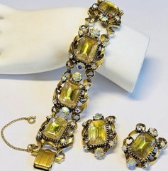 Vtg Signed Florenza AB & Light Vitrail Rhinestone Bracelet Earrings Set Chunky