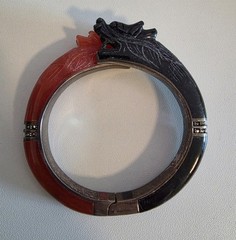 Chinese Carnelian Onyx And Sterling Dragon Bangle Bracelet (A2611)