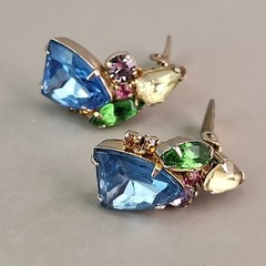 Vintage Rhinestone Clip On Earrings Blue Shield Multicolor Climber Gold Tone