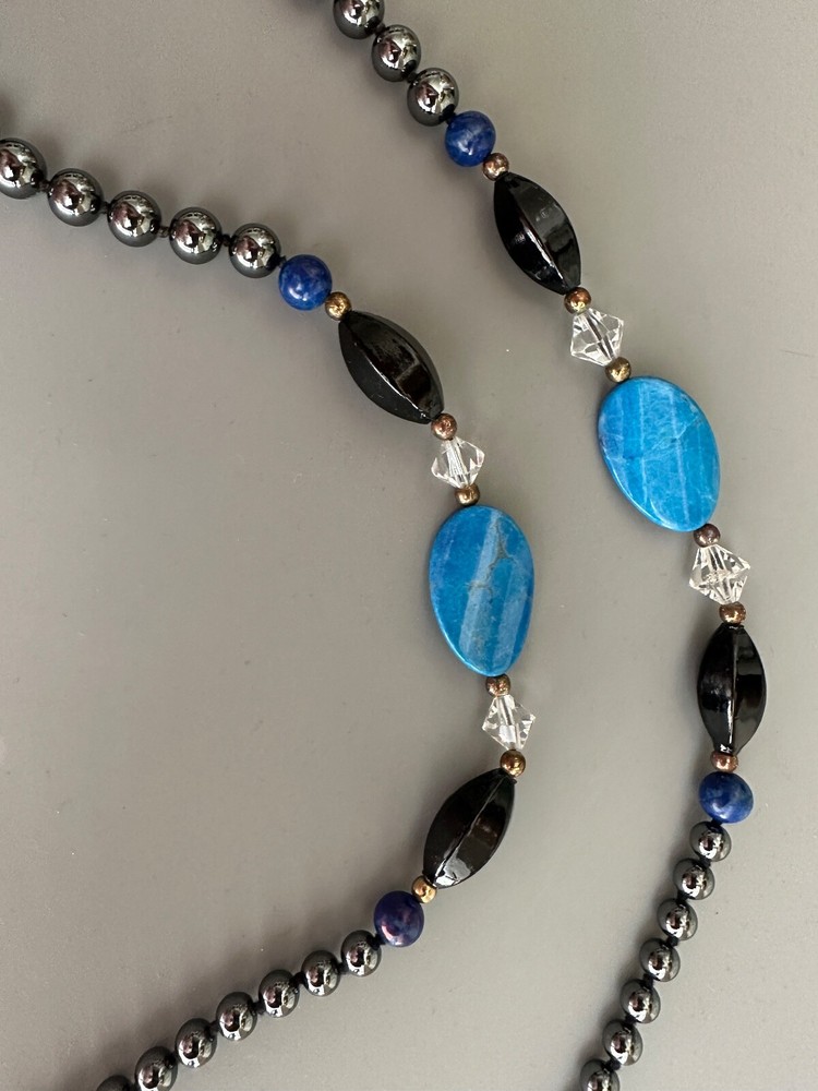 Natural HEMATITE stone NECKLACE with crystals, round beads, 29 in Non-Magnetic
