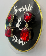 Vintage Red Rhinestone Teardrop Dangle Earrings 1.5″ NOS Gold Drop Post Bold New