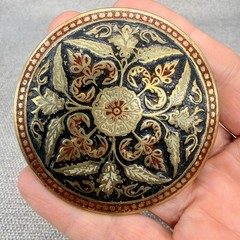 Vintage Necklace Toledo Style Pendant Black Enamel Gold Tone Intricate Design