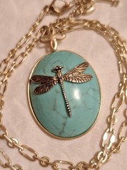 Vintage Fossil Brand Dragonfly Pendant Necklace Blue Stone Bohemian Charm Y2K