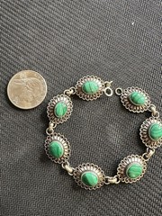 Vtg Sterling 925 Southwestern Style Concho Malachite Flower Bracelet, 7.5”