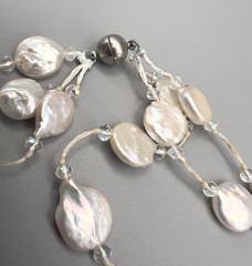 Vintage 3 Strand Freshwater Coin Pearl Necklace Clear Spacer Magnetic Clasp