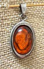 Vintage Sterling Silver 925 Baltic Amber Oval Pendant Cognac Honey Modernist