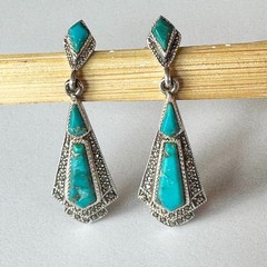 Vintage 925 Sterling Silver Marcasite Mixed Blue Turquoise Earrings Drop 4.5 cm