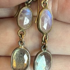 VINTAGE FACETED MOONSTONE RUTILATED & CLEAR QUARTZ LONG DROP DANGLE EARRINGS