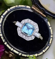 Art Deco Style 14K White Gold FN Aquamarine Lab Created Diamond Engagement Ring